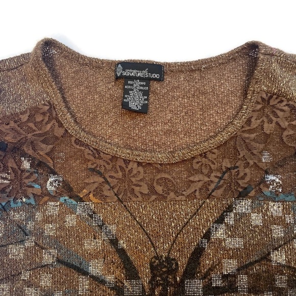 Multi-Media Butterfly Short Sleeve Metallic Detail Loose Weave Sweater Brown L - Picture 5 of 9